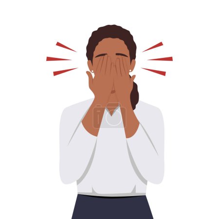 Embarrassed woman hiding her face out of shame. Shy person regret smth. and covering her eyes with palms. Unhappy female feeling frustration. Flat vector illustration isolated on white background