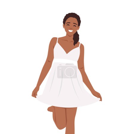 Schöne lächelnde weibliche Modell in weißen kurzen Kleid Vektor Illustration Mode Frau trägt weißen Pyjama Kleid. Flache Vektordarstellung isoliert auf weißem Hintergrund