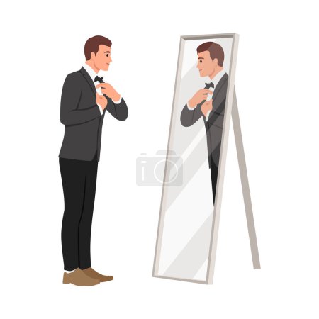 Illustration for Smiling businessman putting on necktie while looking in the mirror and standing. Flat vector illustration isolated on white background - Royalty Free Image