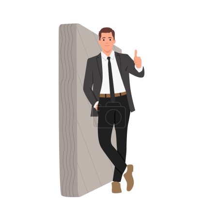 Man in a black suit and tie leaning on wall and showing thumbs up. man, suit, thumb, up, like, black, business, happy, pose, background, person, isolated, elegant, portrait, people, wall, white, sign, lifestyle, modern, corporate, businessman, number