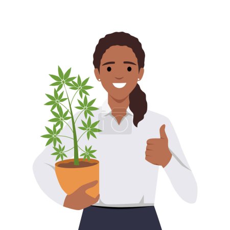 Illustration for Woman holding cannabis plant in pot and giving thumb up as she is supporting the use of cannabis. Weed or marijuana. Flat vector illustration isolated on white background - Royalty Free Image