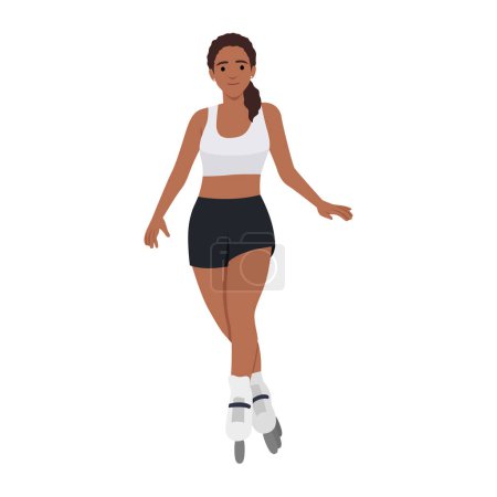 Beautiful black woman riding on roller skates. Flat vector illustration isolated on white background
