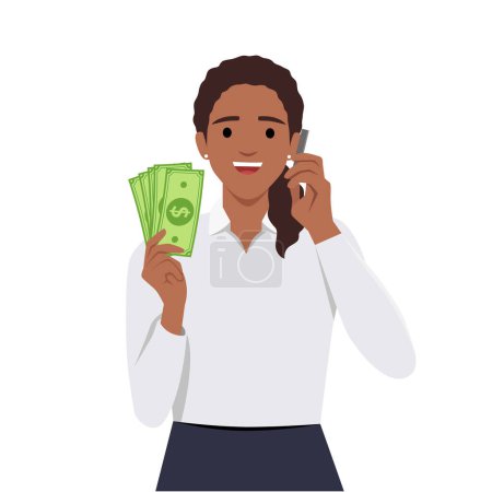 Mujer joven sosteniendo teléfono inteligente y dólares que está llamando a alguien en el teléfono con la cara feliz. Ilustración vectorial plana aislada sobre fondo blanco