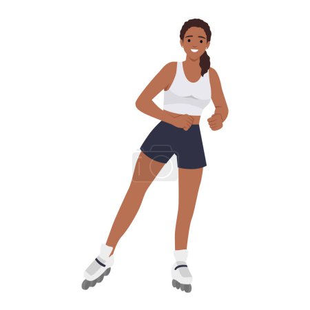 Beautiful black woman riding on roller skates. Vector illustration on white background. Sports concept. Flat vector illustration isolated on white background