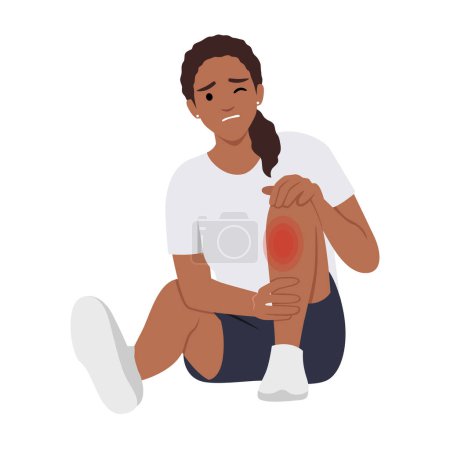 Unhealthy black girl sit on ground suffer from knee pain. Unhappy unwell woman struggle with leg injury or trauma. Flat vector illustration isolated on white background