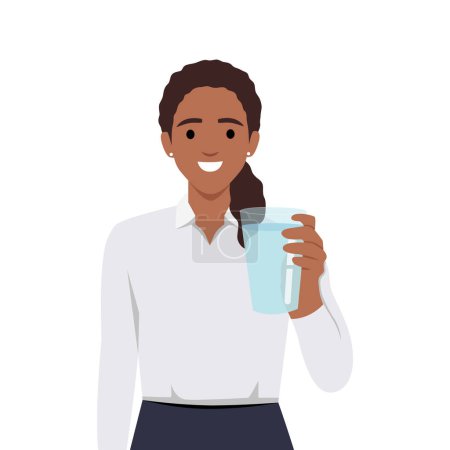 Eine schwarze Frau hält ein Glas Wasser in der Hand. Das Konzept Wasserhaushalt und Gesundheit. Flache Vektordarstellung isoliert auf weißem Hintergrund
