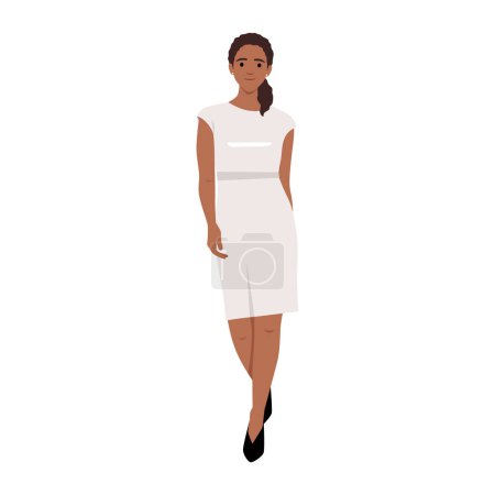 Belle Modèle Femme Souriante Noire en robe longue rouge illustration vectorielle Mode Femme Portant Robe Blanche Walking Girl. Illustration vectorielle plate isolée sur fond blanc