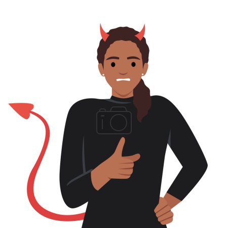 Young black woman with horns and devil tail screams and points with finger, scolding and threatening opponent.