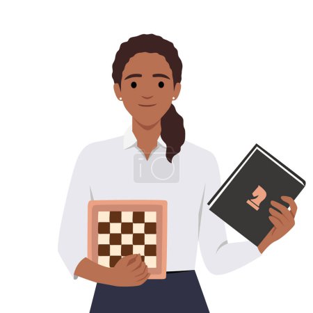 Jeune femme noire tenant un échiquier et un livre sur les échecs. Apprendre les échecs pour la compétition. Illustration vectorielle plate isolée sur fond blanc