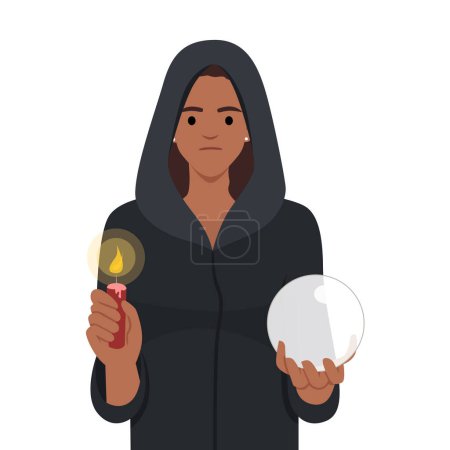 Gypsy fortune teller with crystal ball and a candle. wearing a robe or cape or hoodie. Flat vector illustration isolated on white background