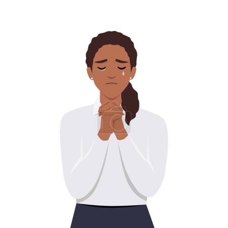 Illustration for Smiling young woman with hands in prayer ask for forgiveness or beg. Flat vector illustration isolated on white background - Royalty Free Image
