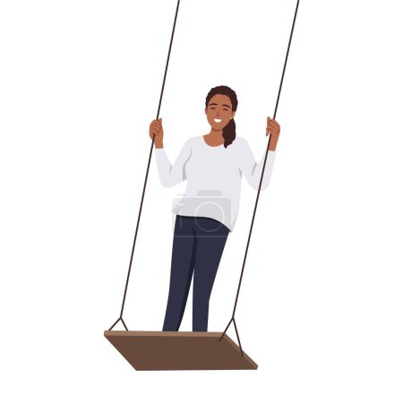 Illustration for Young smiling black woman cartoon character enjoying ride on swings outdoors enjoying ride. Flat vector illustration isolated on white background - Royalty Free Image