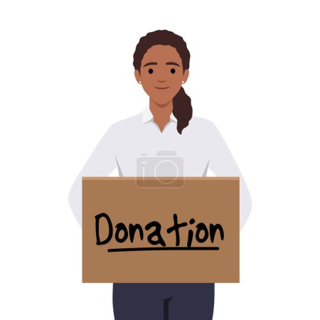 Mujer sosteniendo caja de donaciones. Ilustración vectorial plana aislada sobre fondo blanco
