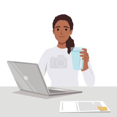 Young business woman holding glass of water in front of desk. Flat vector illustration isolated on white background