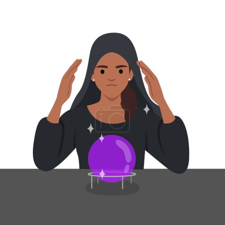 Fortune teller woman reading future on magical crystal ball. Gypsy oracle. Flat vector illustration isolated on white background