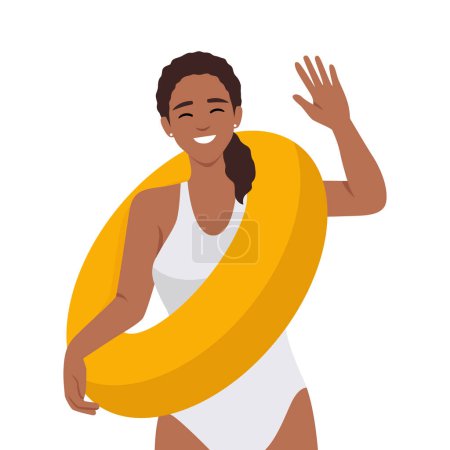 Femme souriante sauveteur en maillot de bain posant avec anneau gonflable. Joyeux gardien féminin en maillot de bain avec bouée de sauvetage. Illustration vectorielle plate isolée sur fond blanc