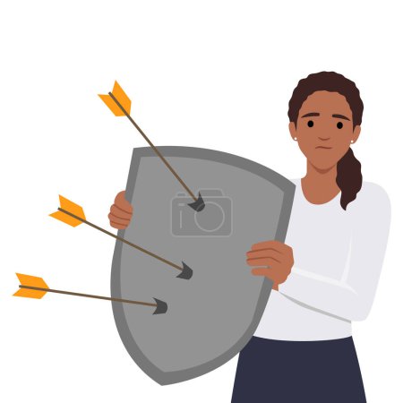 Young woman with mental disorders hold shield with arrows. Flat vector illustration isolated on white background