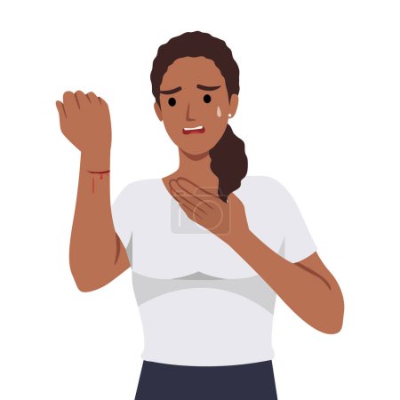 woman got panic because her hand bleed from kitchen knife cut. Flat vector illustration isolated on white background