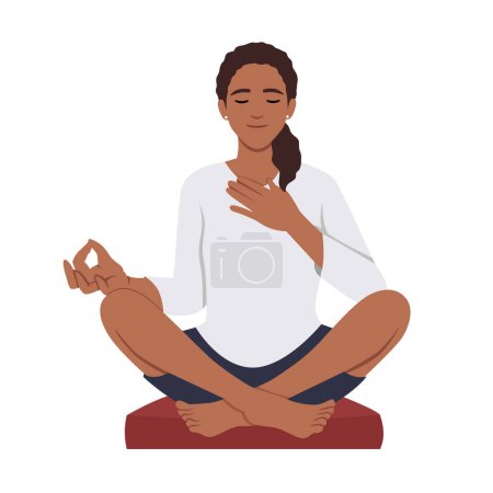 Téléchargez les illustrations : Femme heureuse avec les yeux fermés assis en position lotus pratiquant le yoga. Illustration vectorielle plate isolée sur fond blanc - en licence libre de droit