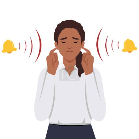 Illustration for Woman with closed eyes is plugging her ears with fingers when suffering from tinnitus. Flat vector illustration isolated on white background - Royalty Free Image