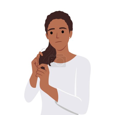 Illustration of a young woman Stressing Over Her Dry Frizzy Hair. Flat vector illustration isolated on white background