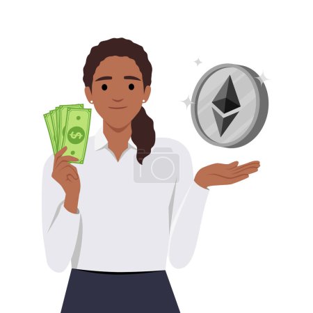 Young woman hold Etherium coin sign in hand and dollar money. Person with etherium, crypto currency coin. Flat vector illustration isolated on white background