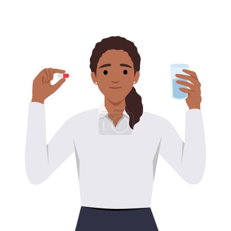 Illustration for Happy young woman standing with glass of water take daily dose of vitamins. Happy girl take painkiller or anti depressant. Flat vector illustration isolated on white background - Royalty Free Image
