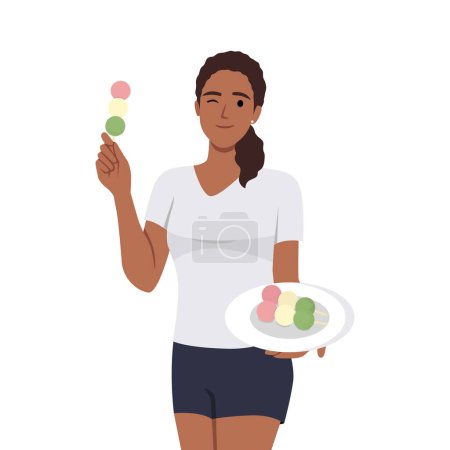 Young black woman eating japanese china street food dango balls. Flat vector illustration isolated on white background