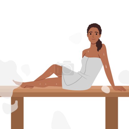 Woman in felt hat wrapped in body towel sits, sweating on bench in sauna. Flat vector illustration isolated on white background