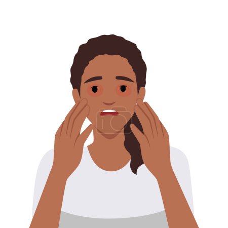 Illustration for Sad woman with dry reddened eyes due to irritation or allergic reaction. Flat vector illustration isolated on white background - Royalty Free Image