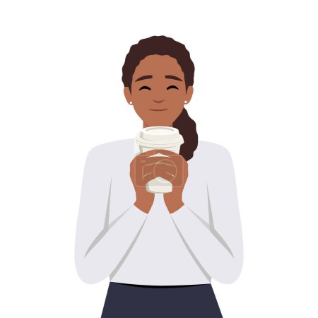 Business woman holding cup of coffee. Flat vector illustration isolated on white background