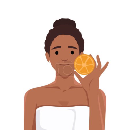 Ilustración de Joven hermosa mujer negra en toalla blanca sosteniendo lima. Ilustración vectorial plana aislada sobre fondo blanco - Imagen libre de derechos
