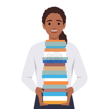 Ilustración de Mujer sosteniendo una pila de libros. Librería, librería. Ilustración vectorial plana aislada sobre fondo blanco - Imagen libre de derechos