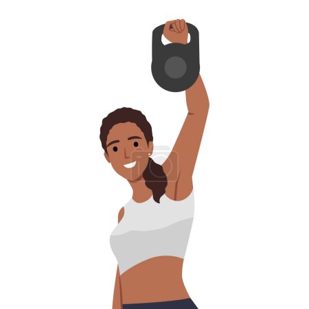 Mujer haciendo ejercicio de entrenamiento con pesas de un solo brazo. Ilustración vectorial plana aislada sobre fondo blanco. conjunto de caracteres de entrenamiento