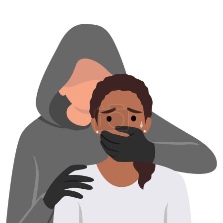 Abuse or domestic violence concept. The man covers the woman's mouth with his hand. Flat vector illustration isolated on white background