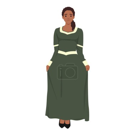 Ilustración de Moda Tudor. Mujer negra medieval en un tocado verde y un vestido bordado con oro. Traje histórico. Ilustración vectorial plana aislada sobre fondo blanco - Imagen libre de derechos