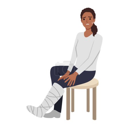 Mujer pierna rota y muleta semi plana vector de color carácter. Una figura sentada. Persona de cuerpo entero en blanco. Recuperación de lesiones. Ilustración vectorial plana aislada sobre fondo blanco