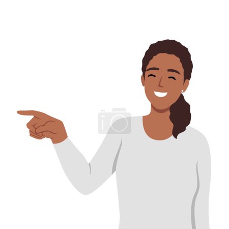 Ilustración de Mujer joven riendo mientras señala a la izquierda. Ilustración vectorial plana aislada sobre fondo blanco - Imagen libre de derechos