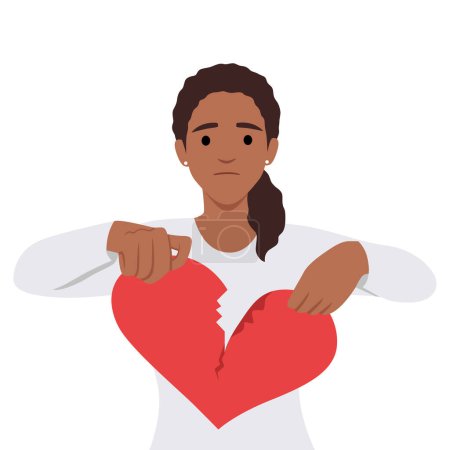 Young woman hand tearing apart a paper heart. broken heart and sad. Flat vector illustration isolated on white background