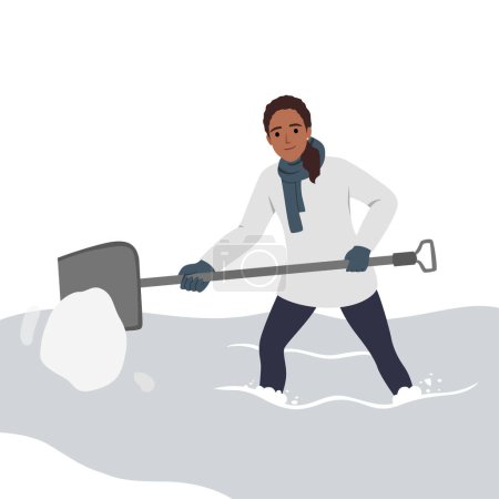 Mujer con la pala de limpieza y la excavación de coches cubiertos de nieve y atascado en ella después de ventisca. Mujer paleando cerca de auto en tormenta nevada en invierno. Ilustración vectorial plana aislada sobre fondo blanco