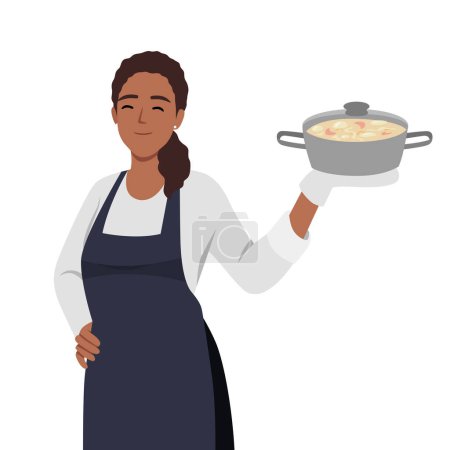 Housewife woman cooking food. Young woman cooking delicious vegetable soup. Holding pan with soup. Flat vector illustration isolated on white background