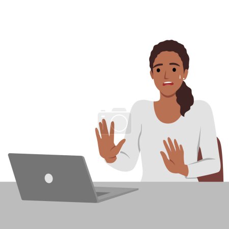 Woman making no hand sign or x symbol, expressing negative feeling, rejection, displeased. Flat vector illustration isolated on white background