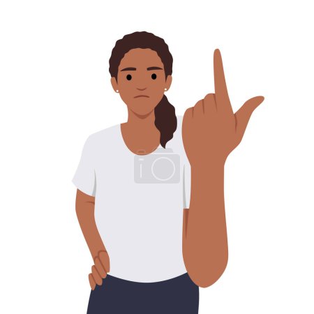 Wütende Frauen empfinden emotionales Schreien und Schimpfen. Frau zeigt mit erhobenem Zeigefinger und Vortrag. Flache Vektordarstellung isoliert auf weißem Hintergrund
