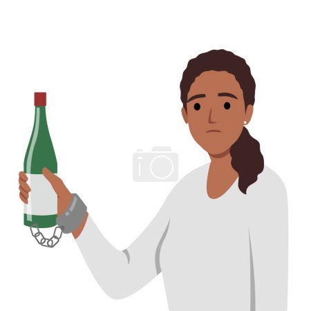 Handcuffs with young woman, wine bottle or alcohol, addicted. Flat vector illustration isolated on white background
