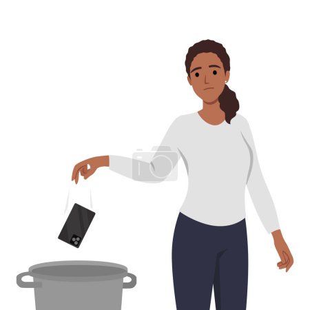 Woman throws mobile phone into the trash. Flat vector illustration isolated on white background