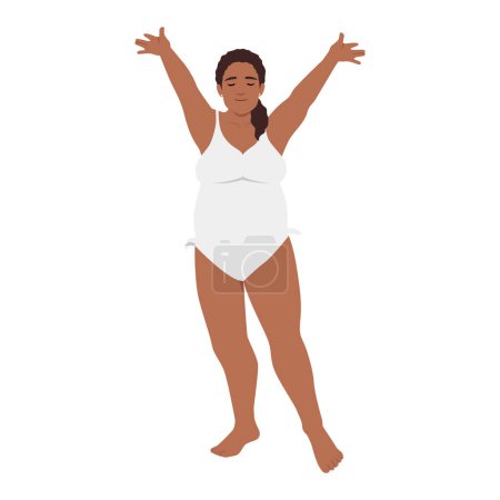 Motivationsplakat mit dicker, übergewichtiger glücklicher Frau. Flache Vektordarstellung isoliert auf weißem Hintergrund