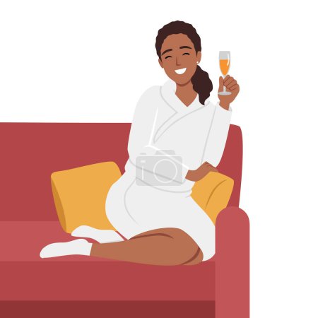 Young beautiful smiling woman sitting with bent legs on a large comfortable sofa with cup of tea or drink. Flat vector illustration isolated on white background
