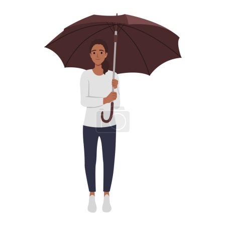 Schöne junge Frau mit Regenschirm. Stehen und nach vorne schauen. Flache Vektordarstellung isoliert auf weißem Hintergrund