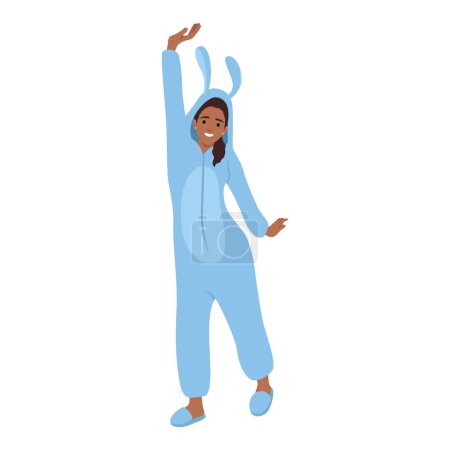 Woman wearing blue rabbit pajamas. Flat vector illustration isolated on white background