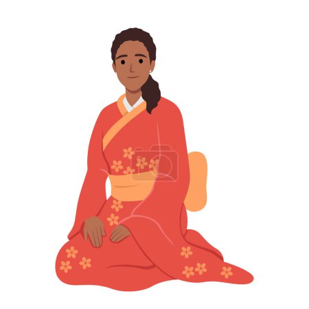 Femme en kimono furisode assis sur le sol saluant. Illustration vectorielle plate isolée sur fond blanc